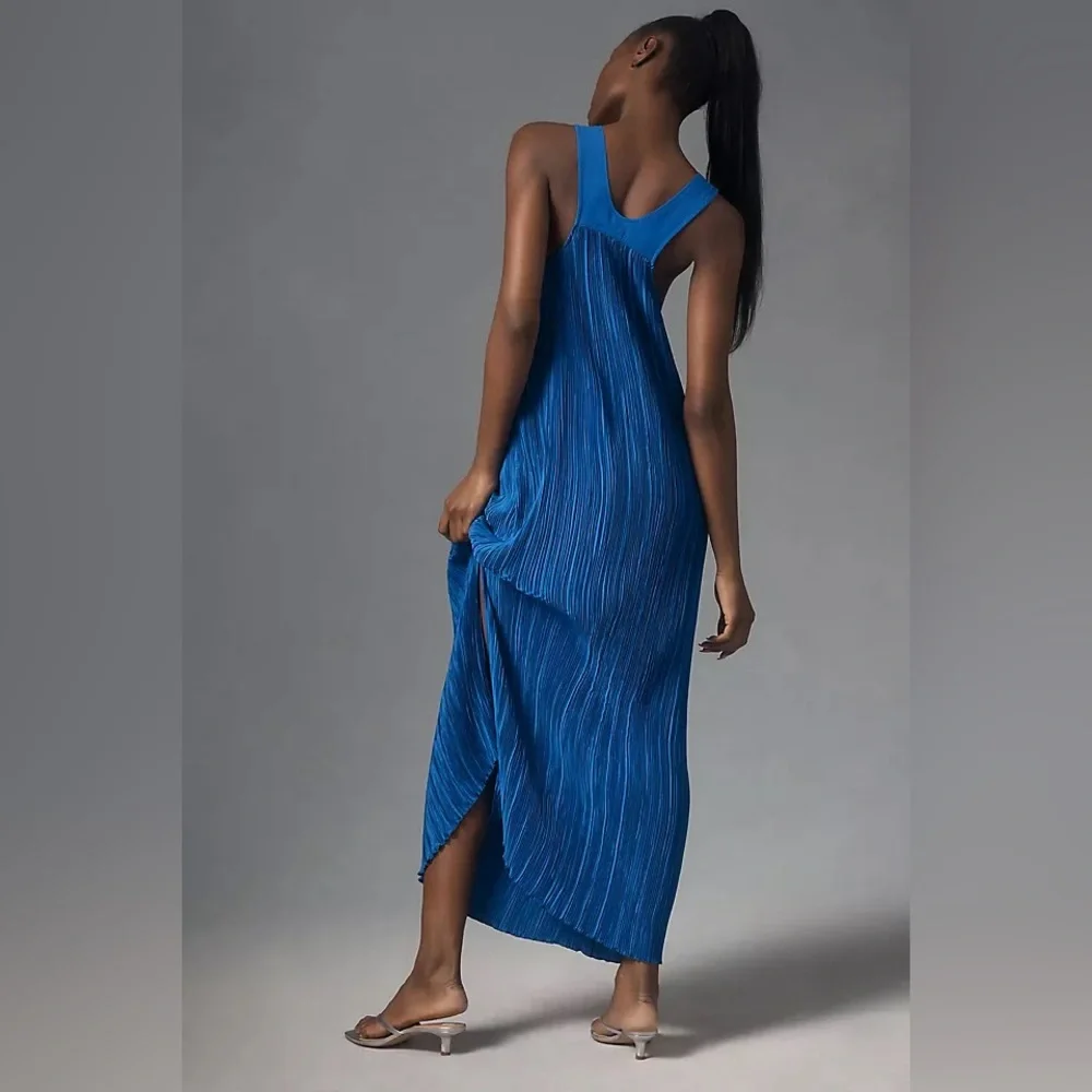 NWT Anthropologie Royal Blue Plisse Pleated Halter Maxi Dress Small S - Picture 2 of 3